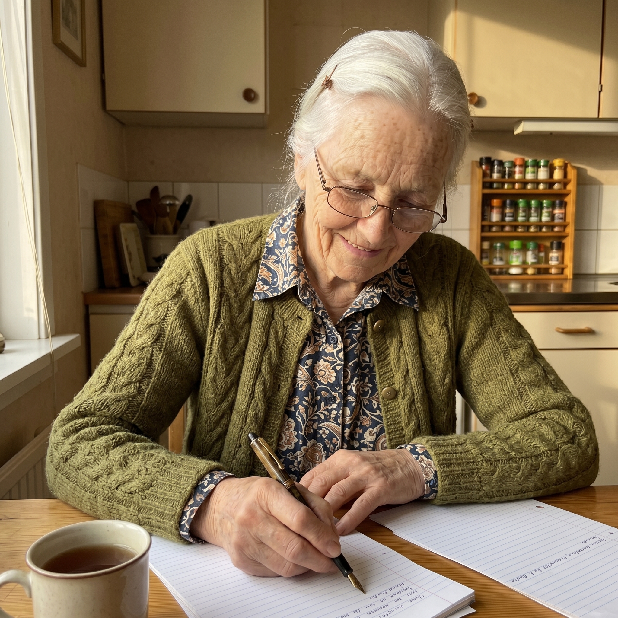 Dorothy writing the guide at her kitchen table